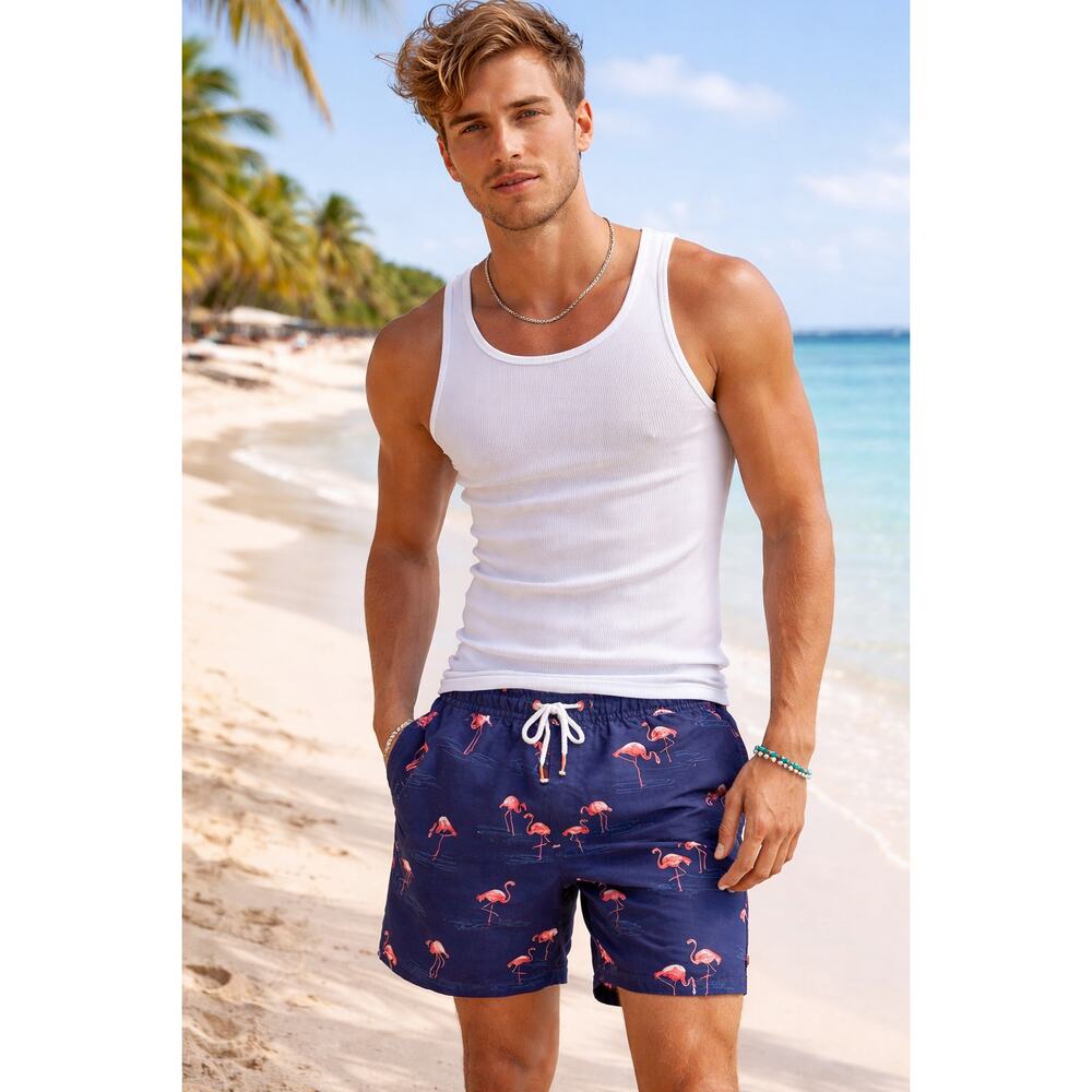 SPERRY Navy Pink Flamingo Print Swim Trunks Men's Size Extra Large